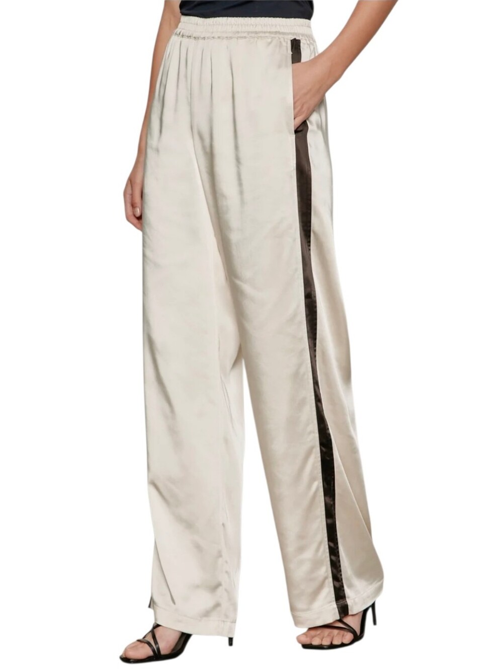 Sanctuary Satin Track Pants XS Ivory Black Stripe Relaxed Straight Sporty Luxe - Picture 4 of 14